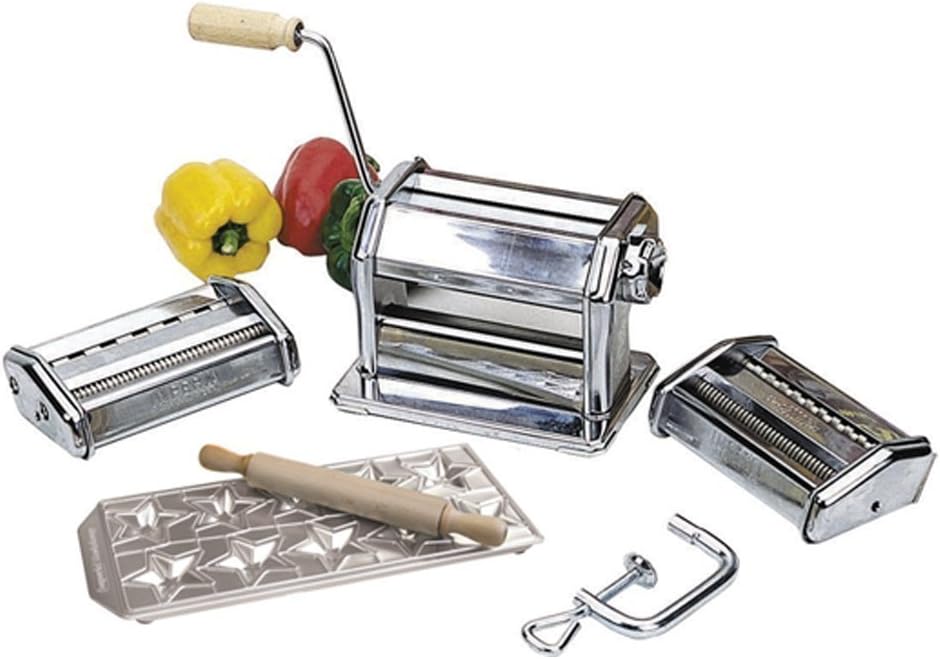 Imperia Italian Pasta Maker Gift Set, Silver – Includes Pasta Machine, Ravioli Mold, Roller & Cutter Attachments