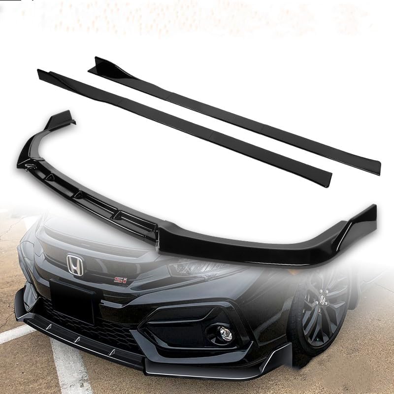 9pcs Combo Painted Black Front Bumper Body Kit Lip + Side Skirt Extensions Diffuser Compatible with 2017-2021 Honda Civic Si Coupe Sedan 2018 2019 2020