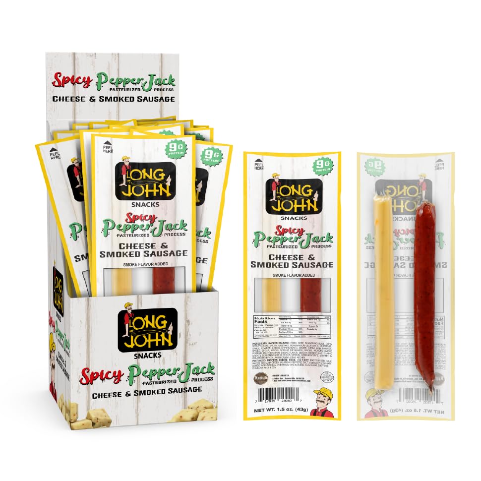 Long John Snacks Spicy Pepper Jack Cheese & Smoked Sausage Sticks - 1.5 oz. Handcrafted Gourmet Treats with Real Pork & Beef, Wisconsin Cheese Snacks - Ready-to-Eat, High-Protein Morsels - 12 Pack