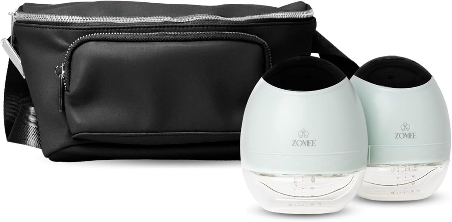 Zomee Fit Wearable Breast Pump, Hands Free, Portable,Discrete Electric Double Breast Pump Holds 5 oz -Wireless 2+ Hours of Battery Leak Proof Anti Backflow - Fanny Pack with Diaper Chaning Pad (Black)