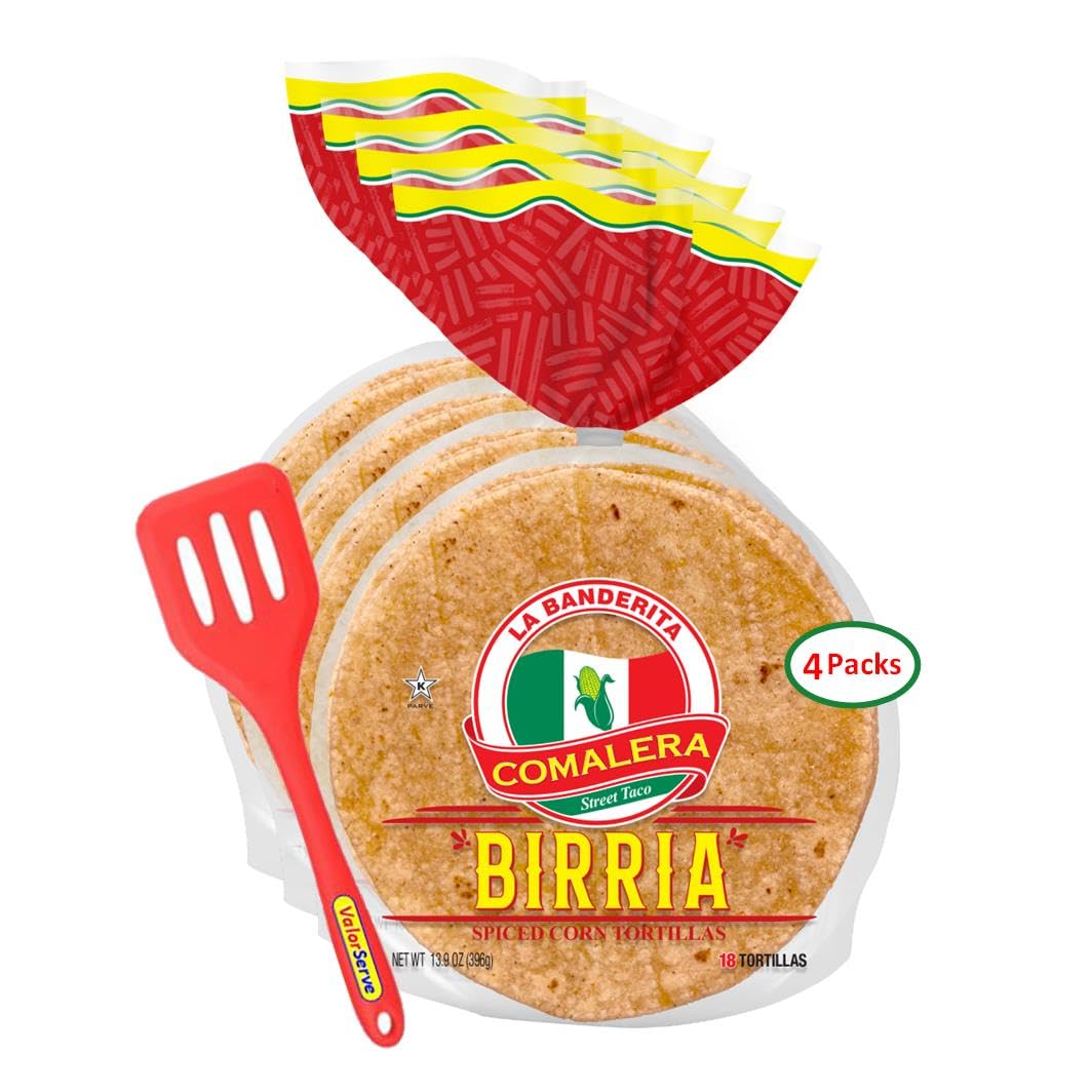 La Banderita Comalera® Street Taco Birria Spiced Corn Tortillas - Zero Trans Fat or Colesterol - 4.5" - 18 Count, 13.9 oz. - 4 Packs with ValorServe™ Mini Kitchen Utensil - Low Carb Tortillas