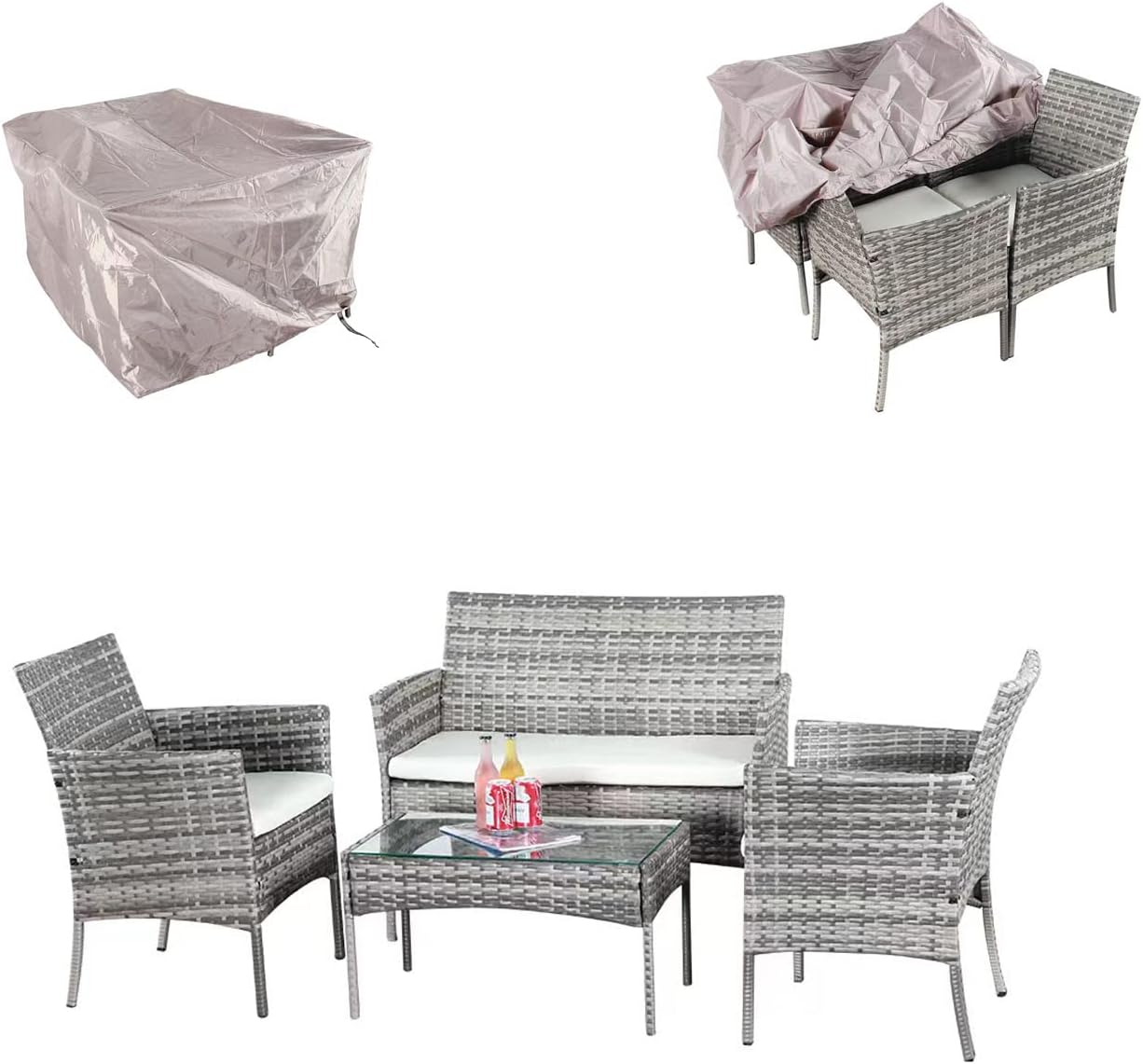 XEO HOME 4 Pc Rattan Garden Furniture Sets 4 Piece Indoor Outdoor Table and Chairs Set Balcony Patio and Conservatory Furniture Sofa Backyard Pool Side Coffee Seater (Mix Grey Rattan With Rain Cover)