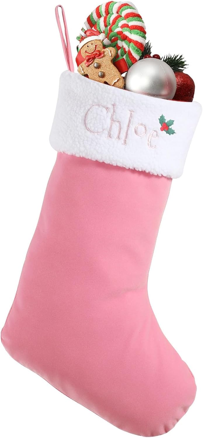 Personalized Christmas Stocking with Embroidered Name & Monogram, Custom Christmas Stocking for Kids Family, 18" Large Xmas Stocking Christmas Mantle Holiday Party Decoration, Pink Stocking