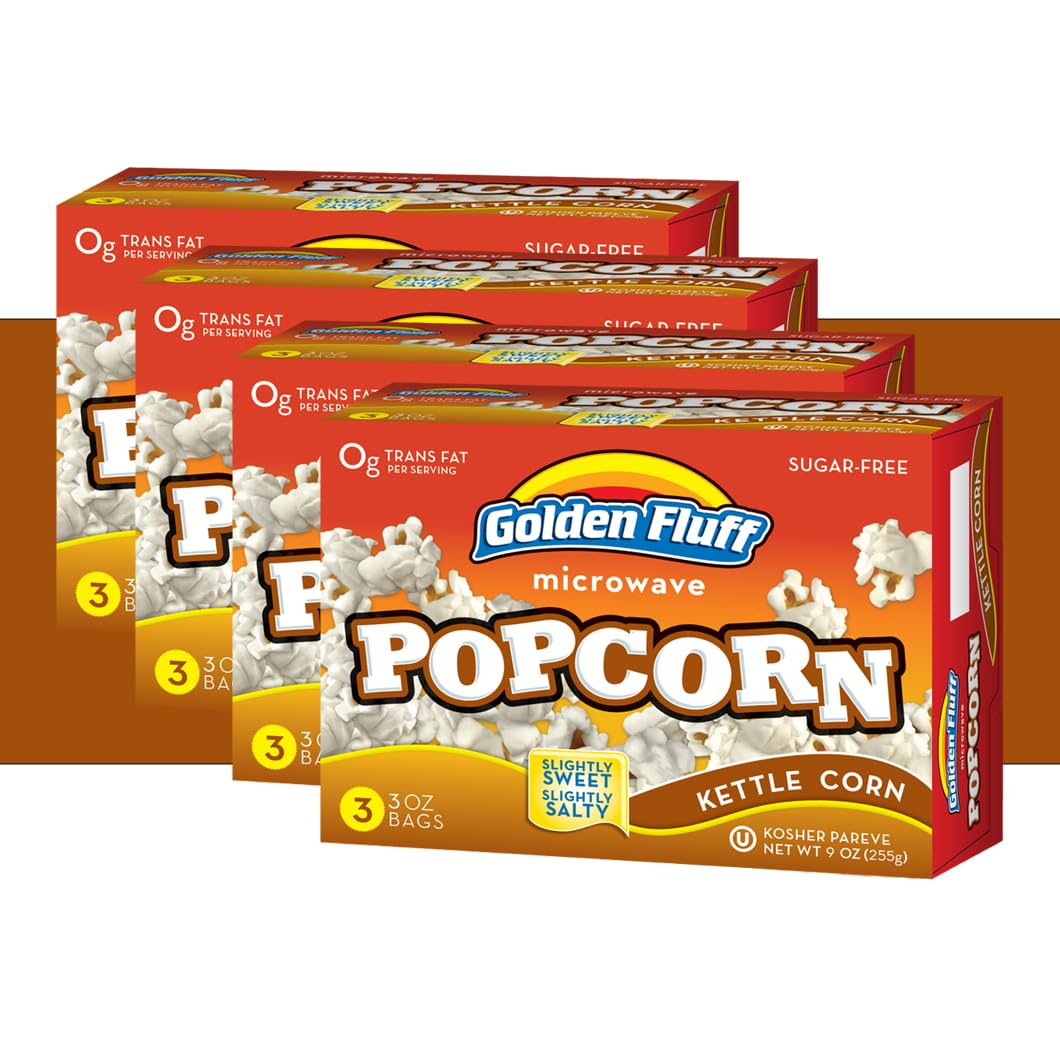 Kettle Corn Microwave Popcorn Bags Bulk| Sugar Free Kettle Corn Popcorn Packets| Low Carb - Vegan - Kosher Snacks 4 Pack - 12 Bags - 3oz. by Golden Fluff