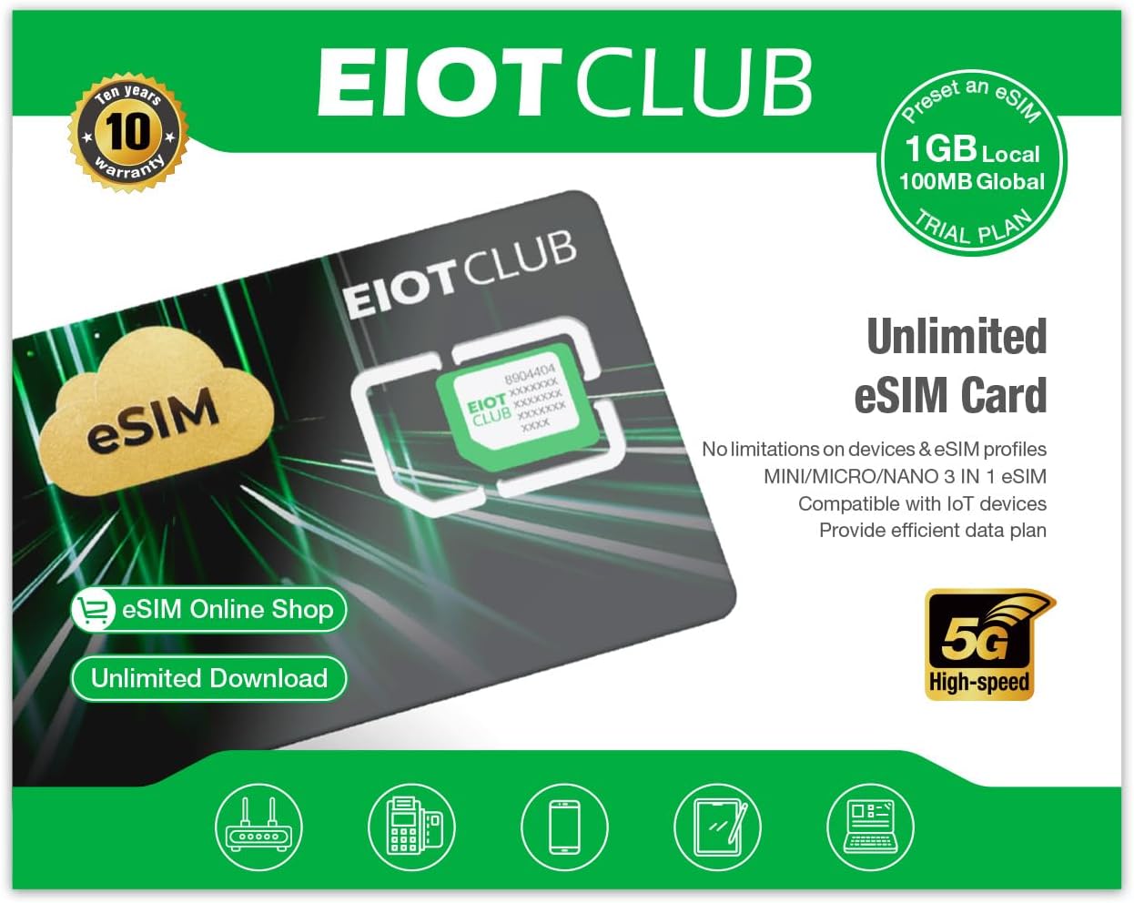 EIOTCLUB eSIM Card for Android Unlocked Phones, Unlimited eSIM Downloads, Global Travel eSIM for Europe/USA/Japan/China/etc, Compatible with Unlocked Phones, Pre-Cut for Easy Use (Physical eSIM Card)