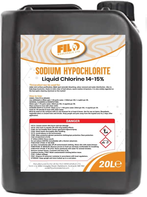 FILO Sodium Hypochlorite 20L (4x5L) - High Strength (14-15%) Brick, Driveway & Patio Cleaner | Stain Removal | Algae Control | Bleaching Agent | Odour Removal | Black Spot Removal