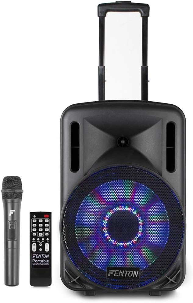 Fenton FT12LED 12-Inch Bluetooth Active Speaker with Wireless Mic, Battery Powered Portable PA System, LED Disco Light, Powerful Sound for Stage, Events, DJ and Karaoke