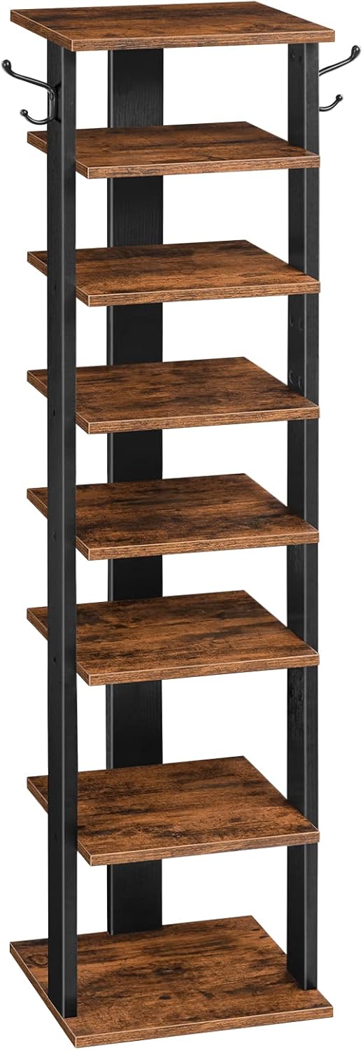 HOOBRO 8 Tiers Vertical Shoe Rack, Wooden Shoe Storage Organizer with Hooks, Narrow Shoe Tower for 8 Pairs, Space Saving, for Entryway, Living Room, Bedroom, Rustic Brown BF07XJ01G1