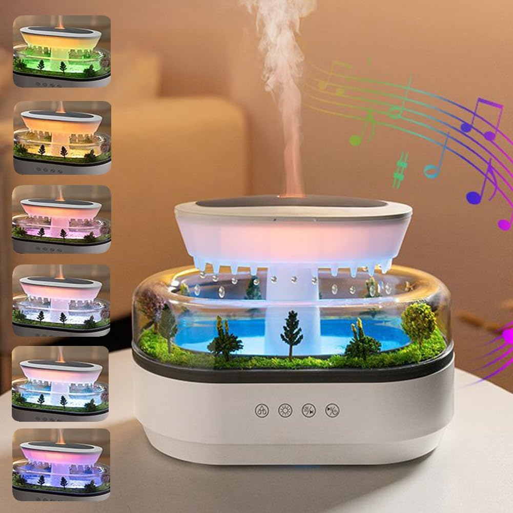 Raindrop Humidifier Diffuser, 250ml Cloud Rain Humidifier, Raindrop Aromatherapy Oil Diffuser with 7 Color Lights Microlandscape Natural Raindrops & White Noise Mist Humidifier for Sleeping