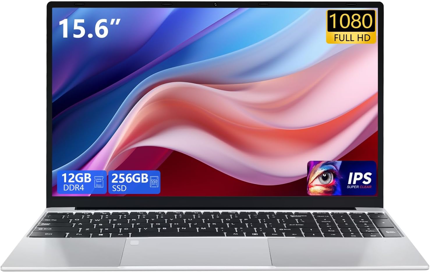VGKE 15.6" Laptop Computer, Full HD 1920 * 1080p Laptop with Backlit Keyboard, Celeron Quad-Core J4125 Processor, 12GB DDR4 RAM 256GB SSD, Webcam, Fingerprint Reader, Silver
