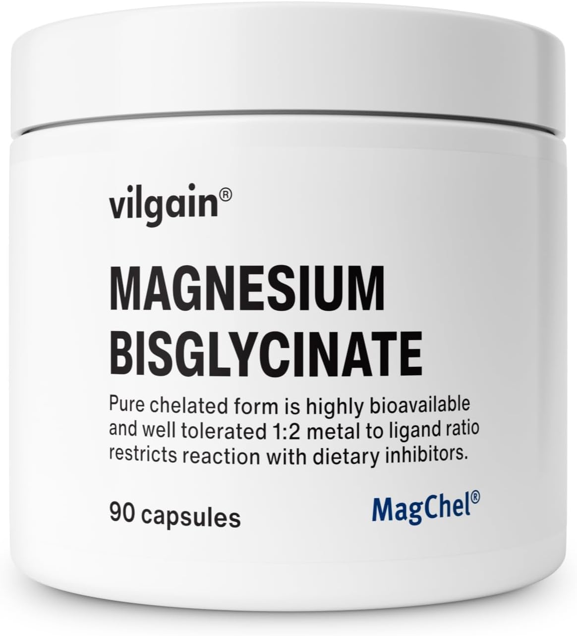 Vilgain Magnesium, Magnesium Bisglycinate for Proper Body Function, Optimally Used, Vegan and No Unwanted Additives, 90 Capsules