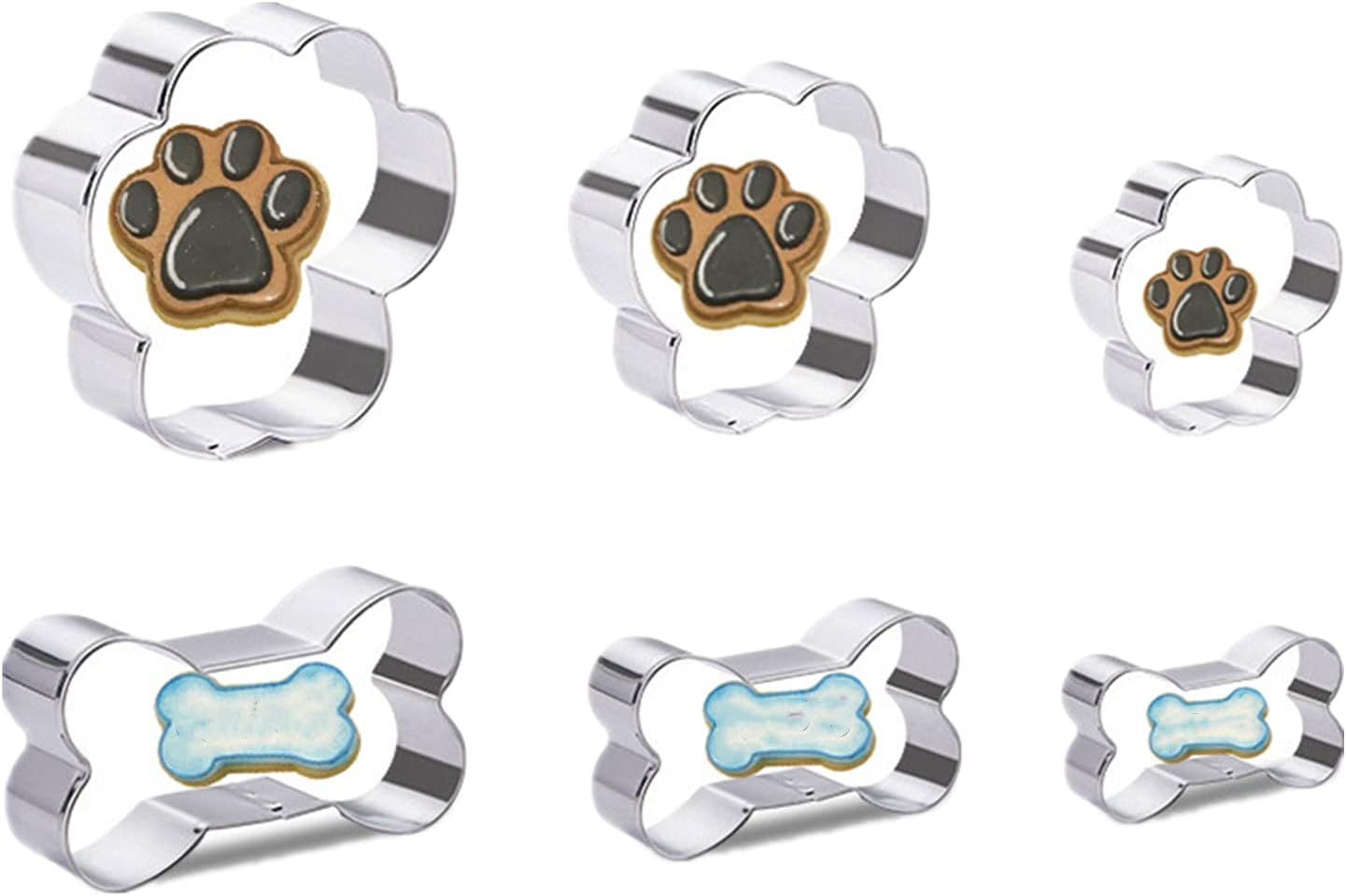 Cookie Cutters, 6 Pcs Cute Dog Bone and Paw Cookie Cutter Stainless Steel Biscuits Cutters Molds Baking Tools for Christmas Halloween Birthday Biscuit Pastry Sandwich Cake Decoration (Silver 6pcs)