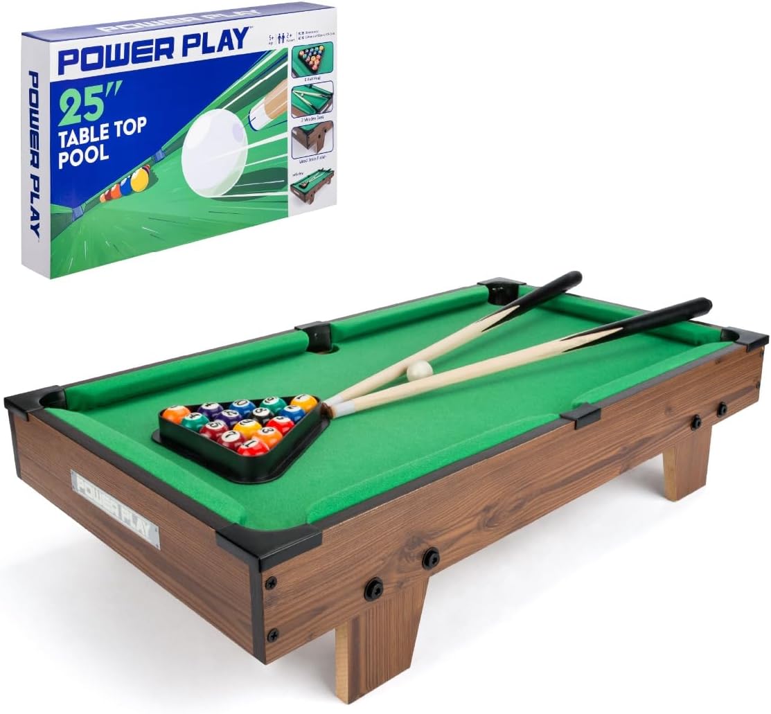 Power Play | Pool Table Game, Portable Wooden Classic Games Table, Indoor Outdoor Game for Kids and Adults, Brown 25inch