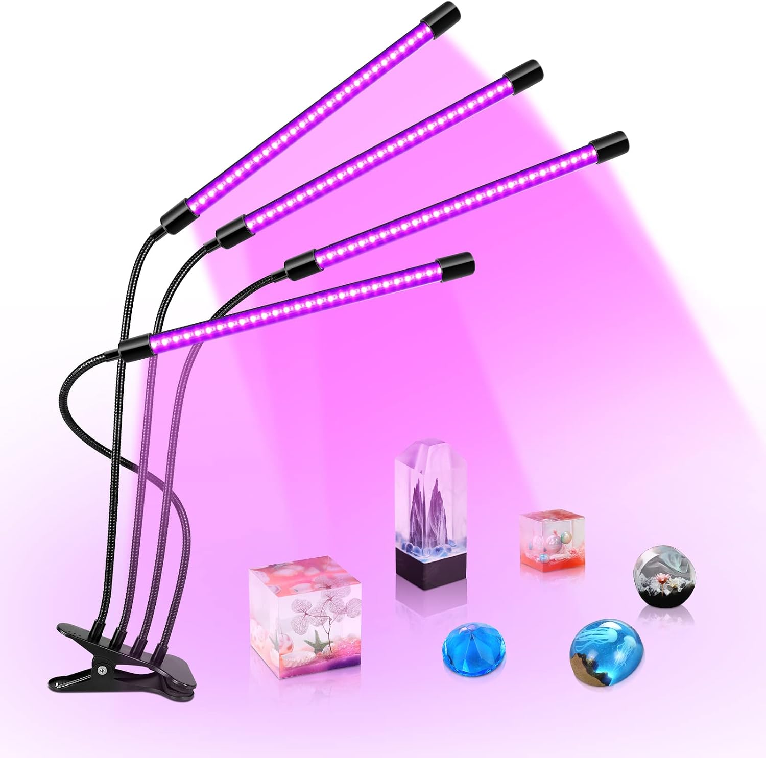 inShareplus LED UV Lamp Four Head with USB, 40W Dimmable UV Light with Clip, Glow in The Dark, 395nm-405nm Black Light for Party, Stage, UV Glue Curing Resin Paint, Collection, Aquarium