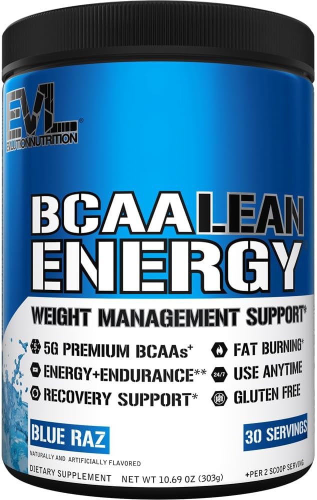 EVL BCAA Lean Energy Powder - Pre Workout Green Tea Fat Burner Support with BCAAs Amino Acids and Clean Energizers - Post Workout Recovery Drink for Lean Muscle Recovery - Blue Raz