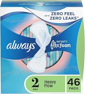 Always Infinity Feminine Pads for Women, Size 2 Regular, with wings, unscented, 46ct