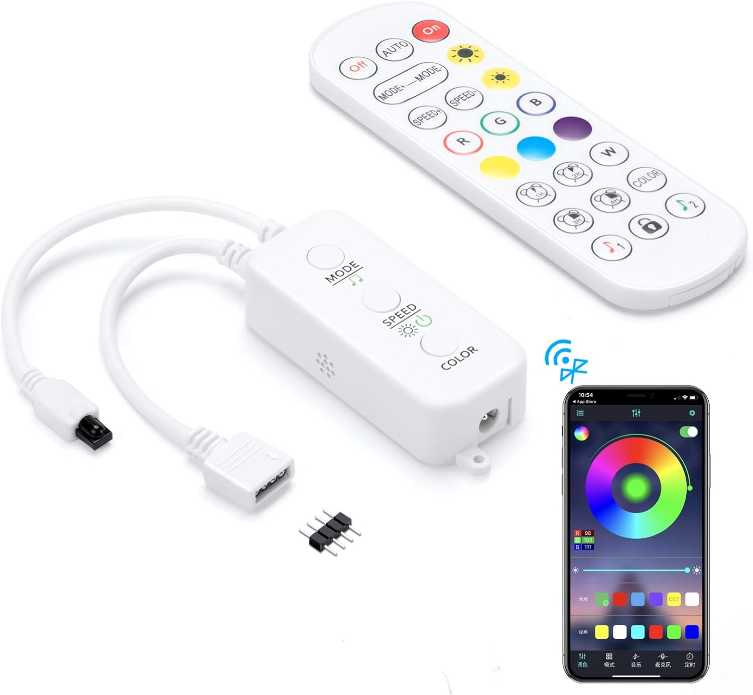 RGB LED Strip Light Controller, with APP, Music Sync and IR Remote, with Unlimited Colors and Pin Modify Feature Compatible with 5V-24V All 4-pin 10mm RGB LED Strip via Bluetooth Connection