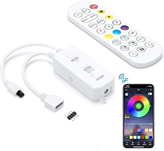 RGB LED Strip Light Controller, with APP, Music Sync and IR Remote, with Unlimited Colors and Pin Modify Feature Compatible with 5V-24V All 4-pin 10mm RGB LED Strip via Bluetooth Connection