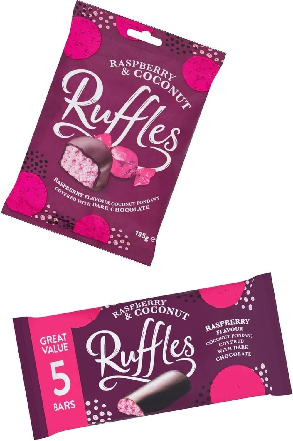 Raspberry Ruffles | 5 Bars Pack & Raspberry & Coconut Ruffles Bag 135g | Bundle Chocolate Gift