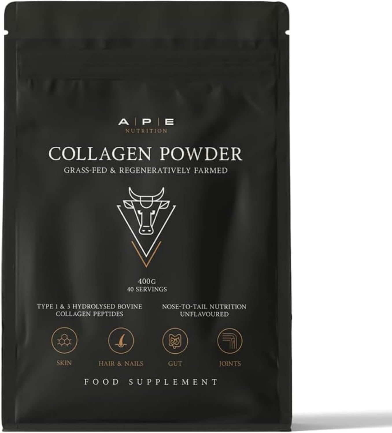 APE Nutrition Collagen Powder Peptides - Type 1 & 3 Bovine Collagen Protein, 100% Grass-Fed & Finished, Ancestral Supplement UK, Unflavoured, Improves Hair Skin & Nail Health