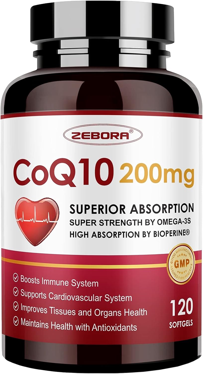 ZEBORA CoQ10-200mg-Softgels with PQQ, BioPerine & Omega-3, 120 Servings Coenzyme Q10(Ubiquinone) Supplement for High-Absorption, Powerful-Antioxidant, Support Heart & Energy-Production