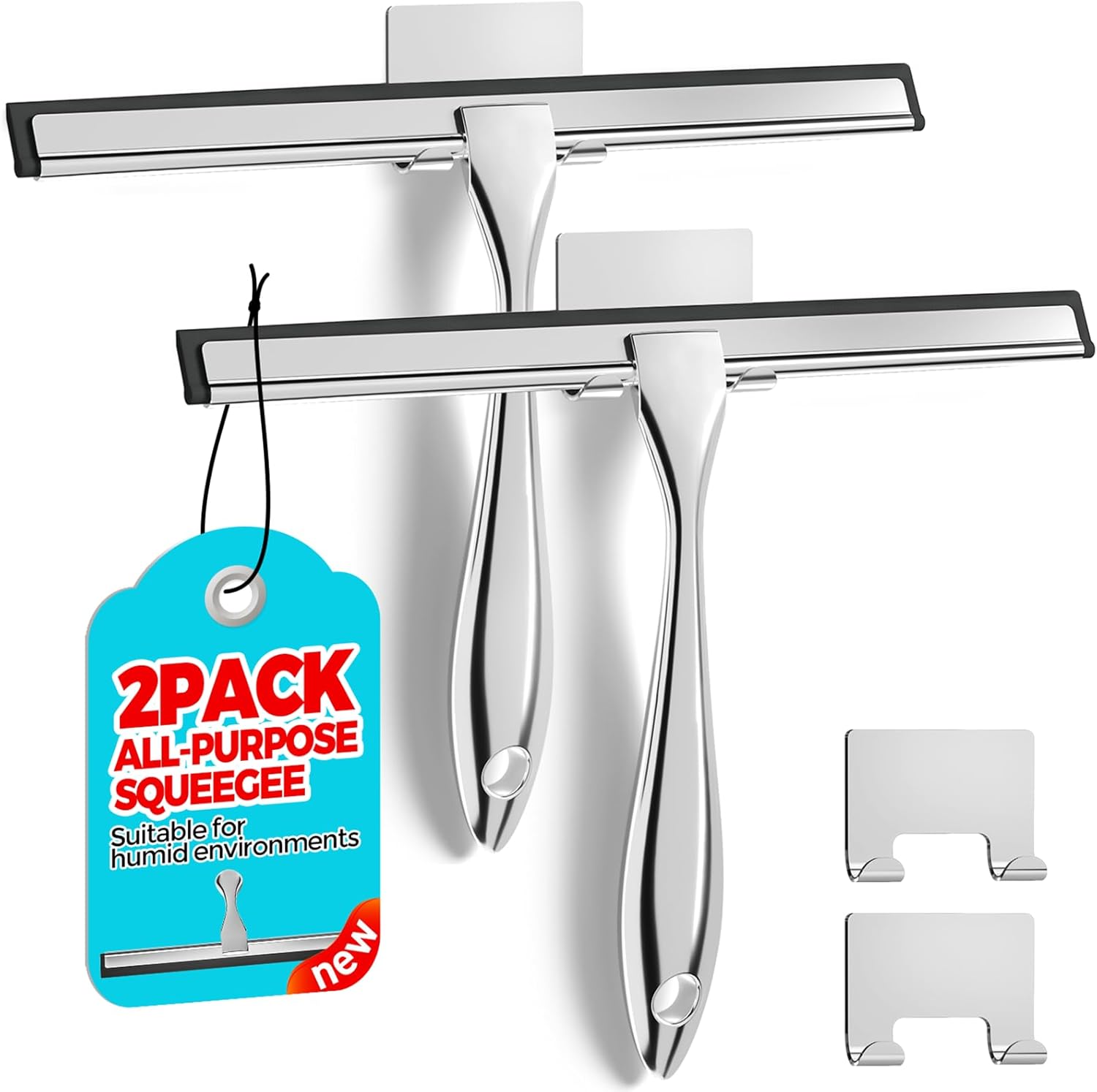 2PACK Shower Squeegee for Glass Doors, Squeegee for Shower Glass，All-Purpose Tile Walls, Bathroom, Window, Glass and Car Windshield, Mirrors and Kitchen-Stainless Steel, 10 Inches, Silver