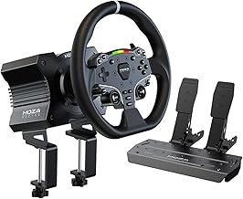 MOZA R5 All-in-One PC Gaming Racing Simulator 4PCS Bundle: 5.5Nm Direct Drive Wheel Base, 11-inch Racing Wheel, Anti-Slip Pedals and a Desk Clamp, Cloud-based App Control
