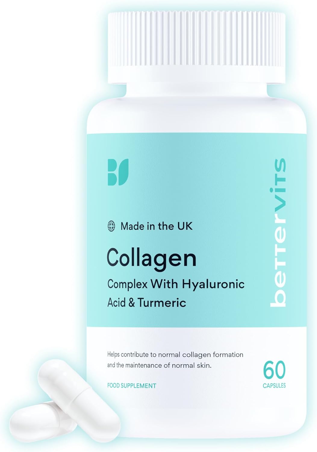 Bettervits Collagen Complex with Hyaluronic Acid and Vitamin C | Marine Collagen Supplements for Women and Men with Biotin | High-Strength Vitamin E for Skin, Hair, Nails, Joint Health - 60 Capsules