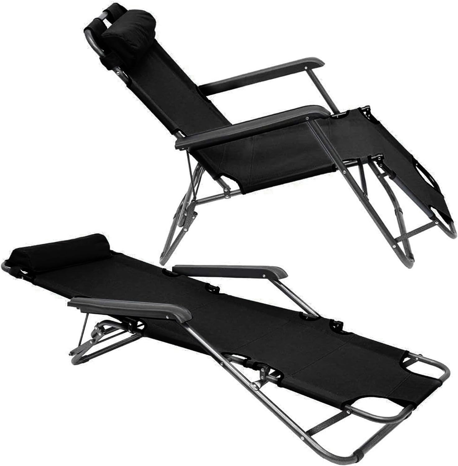 Neo 2x Pair 2 In 1 Sun Lounger Outdoor Garden Chairs Zero Gravity Recliner Reclining Folding Set (Black)