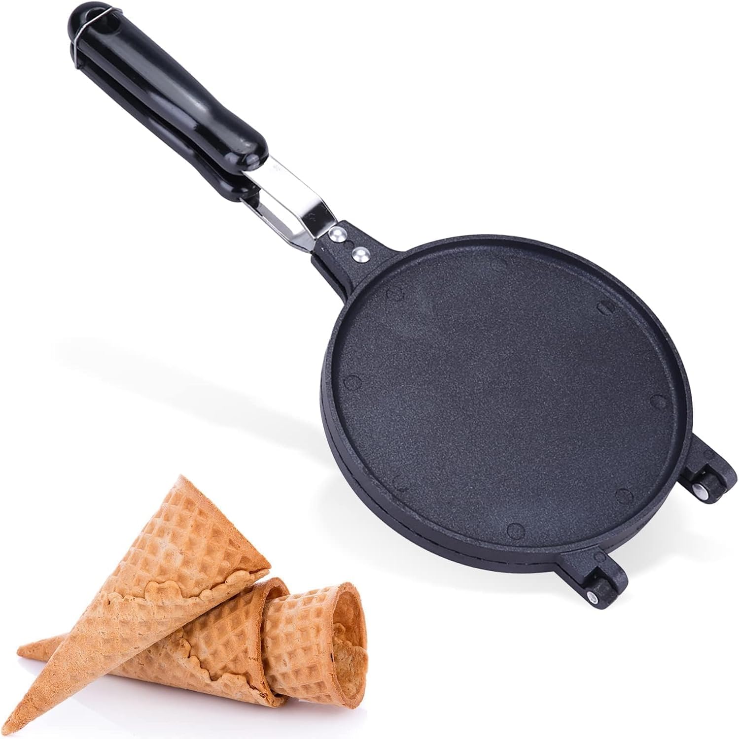 Waffle Cone Maker,Non Stick Egg Roll Waffle Ice Cream Cone Machine with Long Handle Aluminum Alloy Egg Roll Crepe Maker Machine Kitchen Baking Tool for Gas Stove