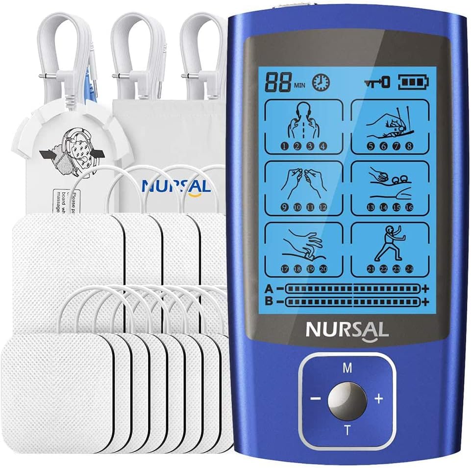 NURSAL Dual Channel TENS Machine for Pain Relief, 24 Modes TENS Unit Muscle Stimulator for Pain Relief/Management & Muscle Strength Rechargeable TENS Machine with 12 Pcs TENS Machine Pads Replacement