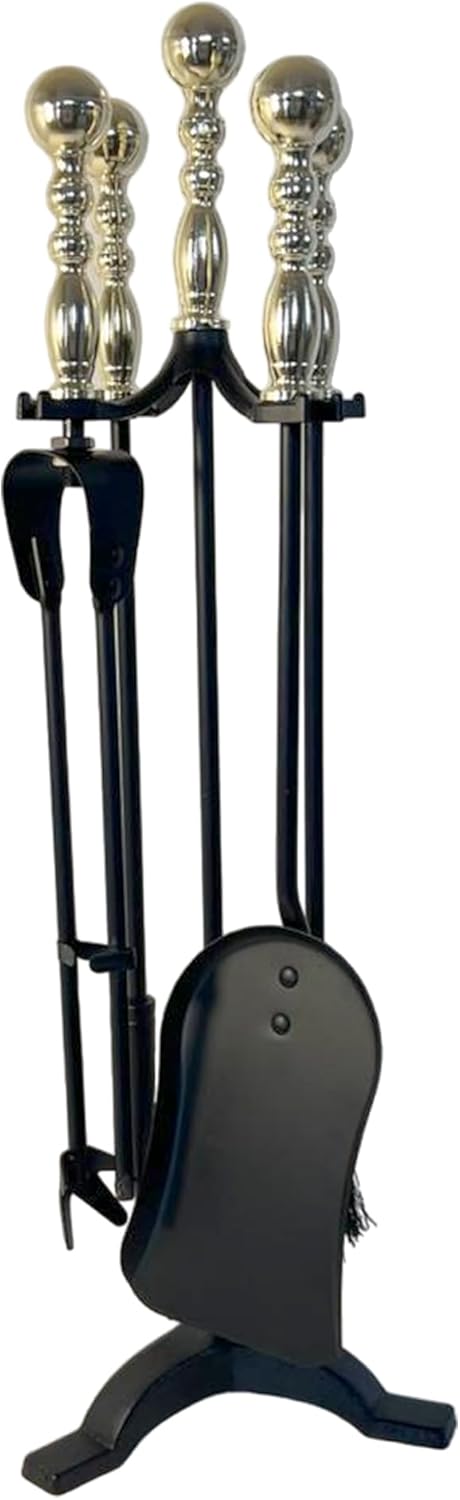 Large Brass Handled Metal 5-Piece Fireside Companion Set | Fire Companion Sets | Includes Stand, Brush, Tongs, Poker, and Shovel | 61cm high | Wood Burner Set | Fireside Tools Accessories
