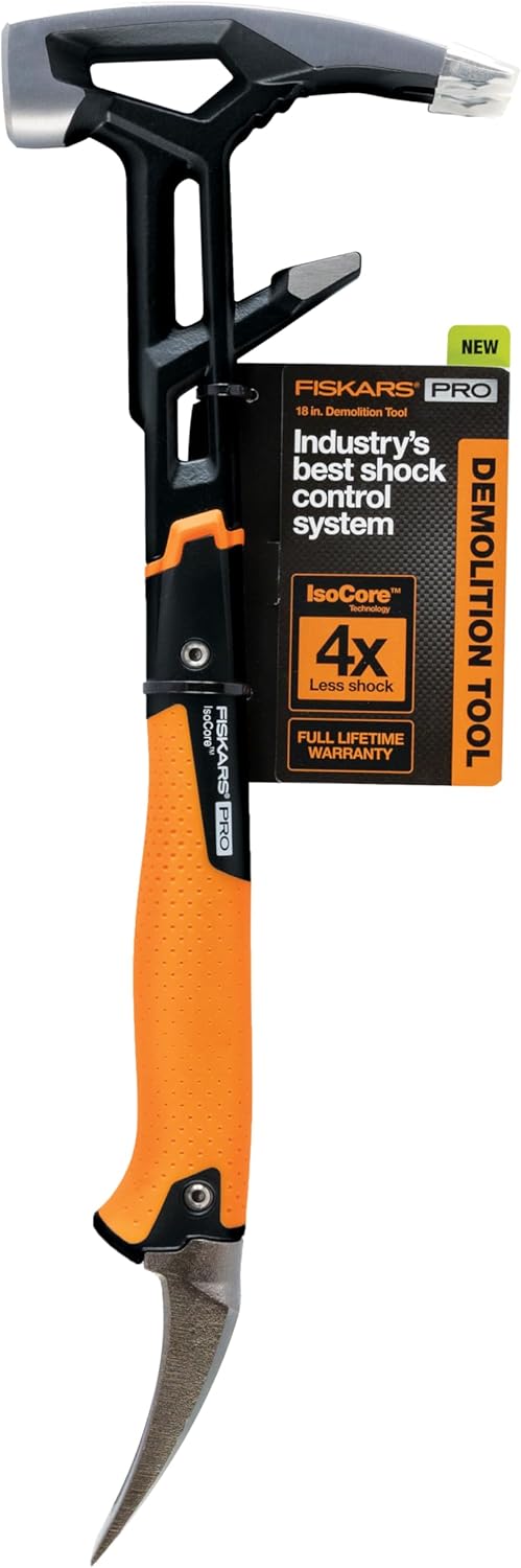 Fiskars IsoCore Wrecking Bar, Board Bender Shock Absorbing Hammer and Crowbar, 18-Inch