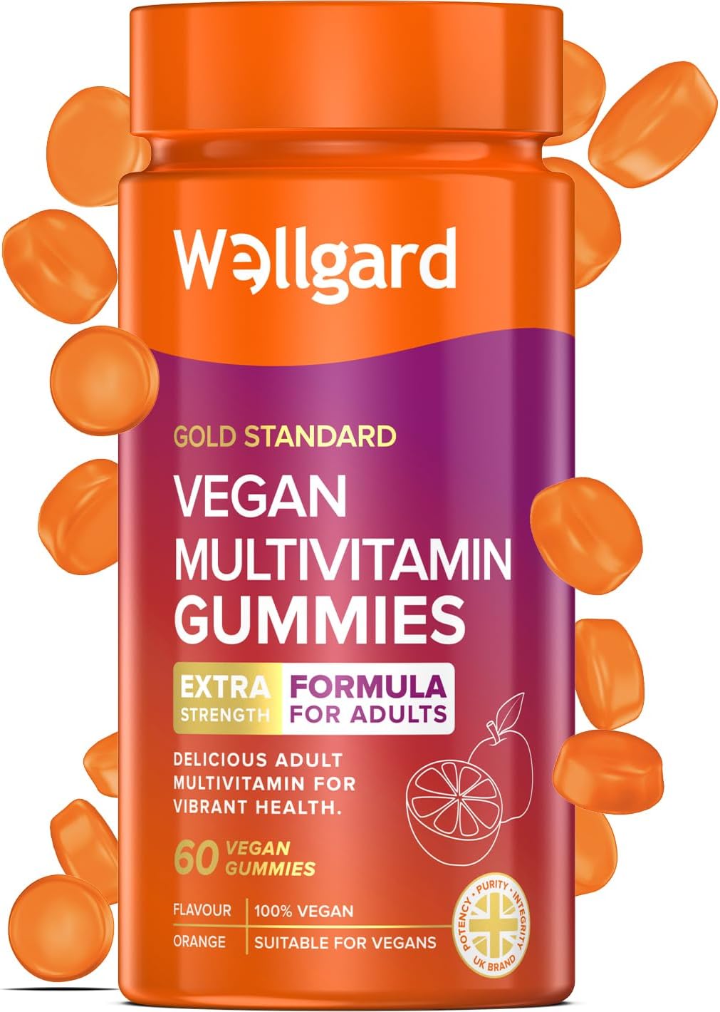 Vegan Multivitamin Gummies by Wellgard - Chewable Multivitamins Adults, 60 Vitamin Gummies, Orange Flavour (Adult Gummies)