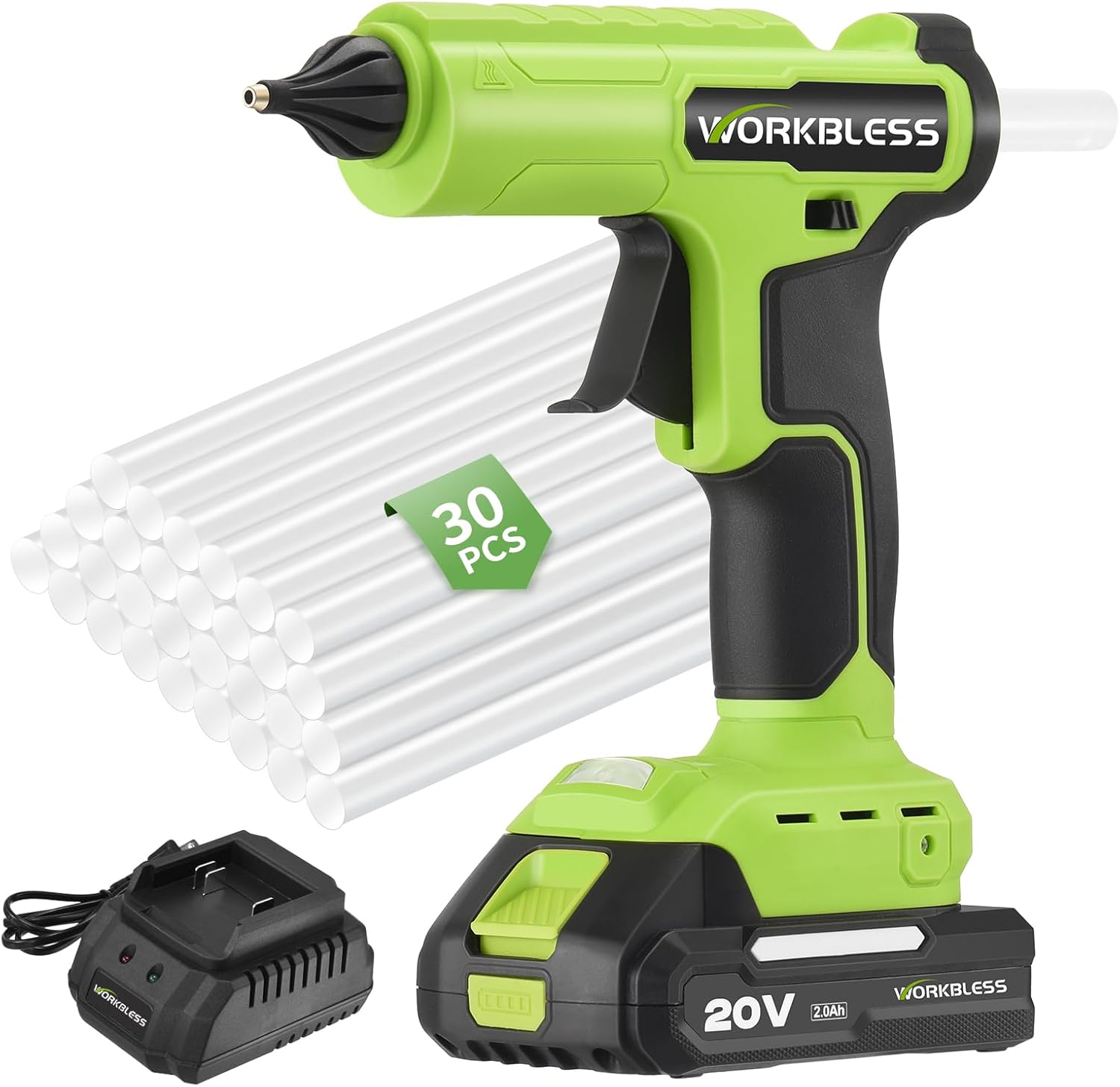Cordless Hot Glue Gun, 20V 2Ah Rechargeable Battery Power Full Size Hot Glue Gun, 30pcs 11mm Clear Glue Sticks, Leak-Proof Nozzle, Heavy and Duty Glue Gun for Repair, Wood Working
