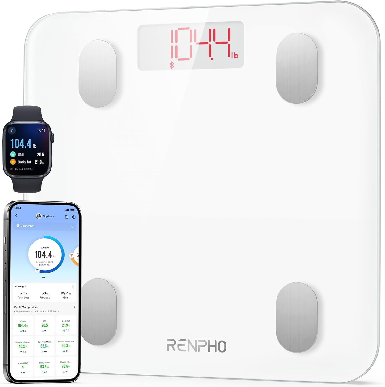 RENPHO Weighing Scales for Body Weight, Smart Bathroom Scales with High Precision Sensors, Weight Scale with App 13 Body Composition Analyzer Track Monitor for BMI, Muscle Mass, Elis 1