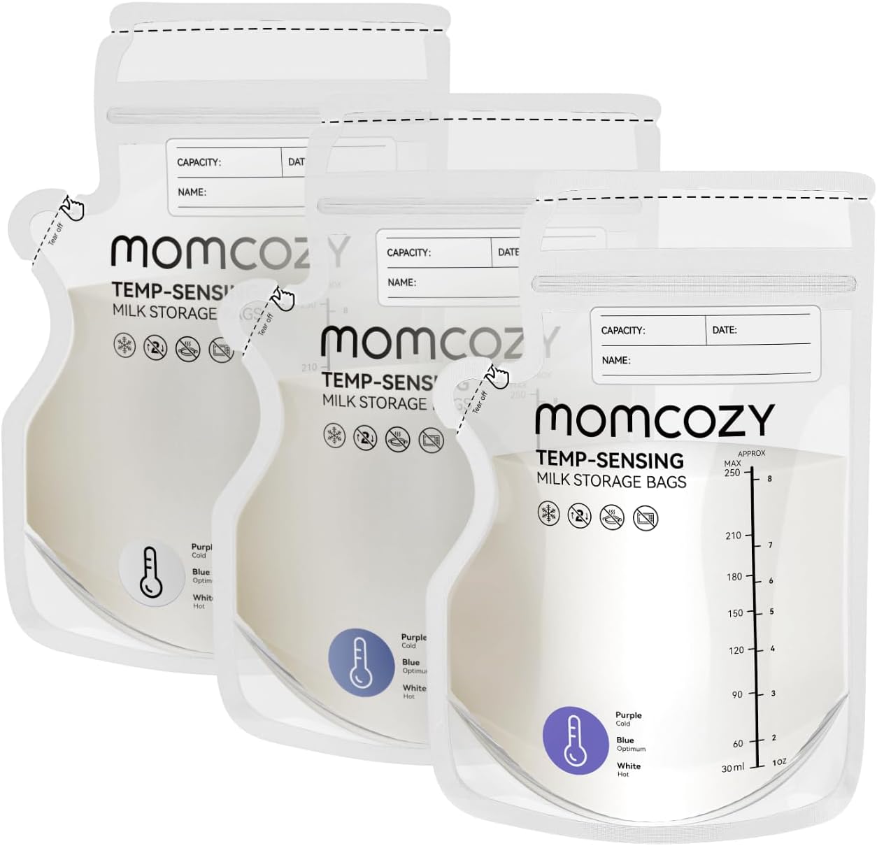 Momcozy Easy Pour Breastmilk Storage Bag, 8Oz, Temp-Sensing Color Change, 200 Count Milk Bag with Self Standing for Breastfeeding, No Leak Presterilized for Freezer, Recyclable & BPA Free