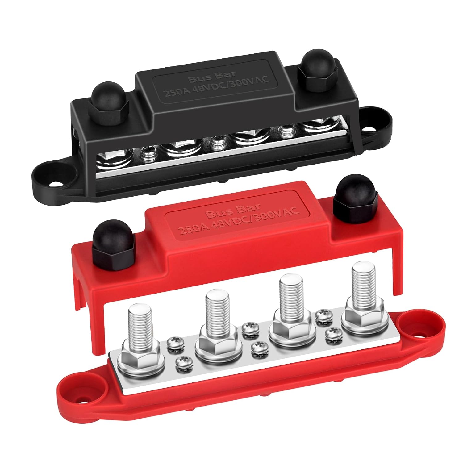Power Distribution Block 12V 250A Bus Bar 4 x 5/16" Stud Marine, 6 x #8 Screws Terminals Block (Pair - Red & Black)
