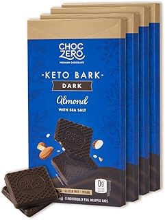 ChocZero Keto Bark, Dark Chocolate Almonds with Sea Salt, Sugar Free, Low Carb, No Sugar Alcohols, No Artificial Sweeteners, All Natural, Non-GMO, 3.2 Ounce (Pack of 4)