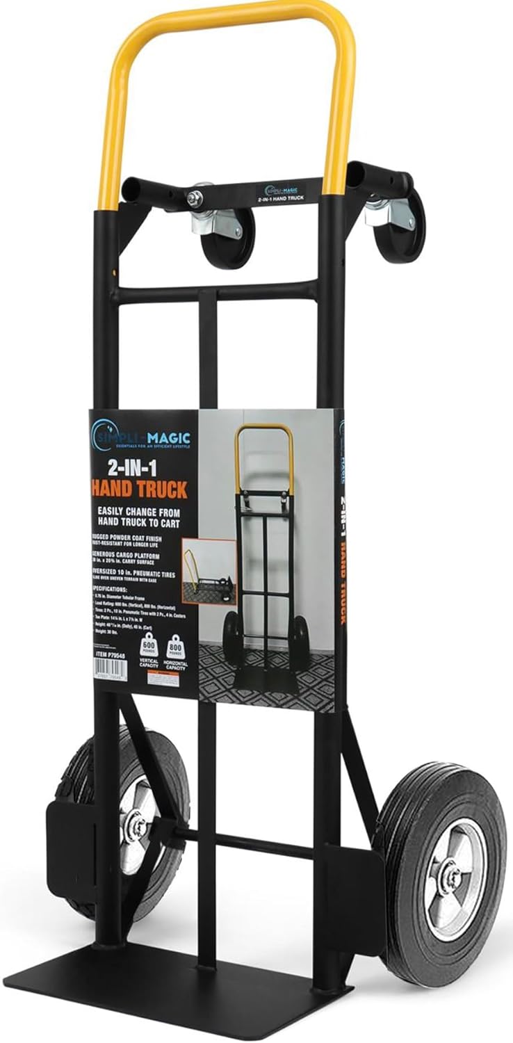 Simpli-Magic Extra Heavy Duty 800 lb Capacity Hand Truck and Dolly, 2 in 1 Convertible, 10" Flat Free Rubber Wheels, Black with Yellow Handle