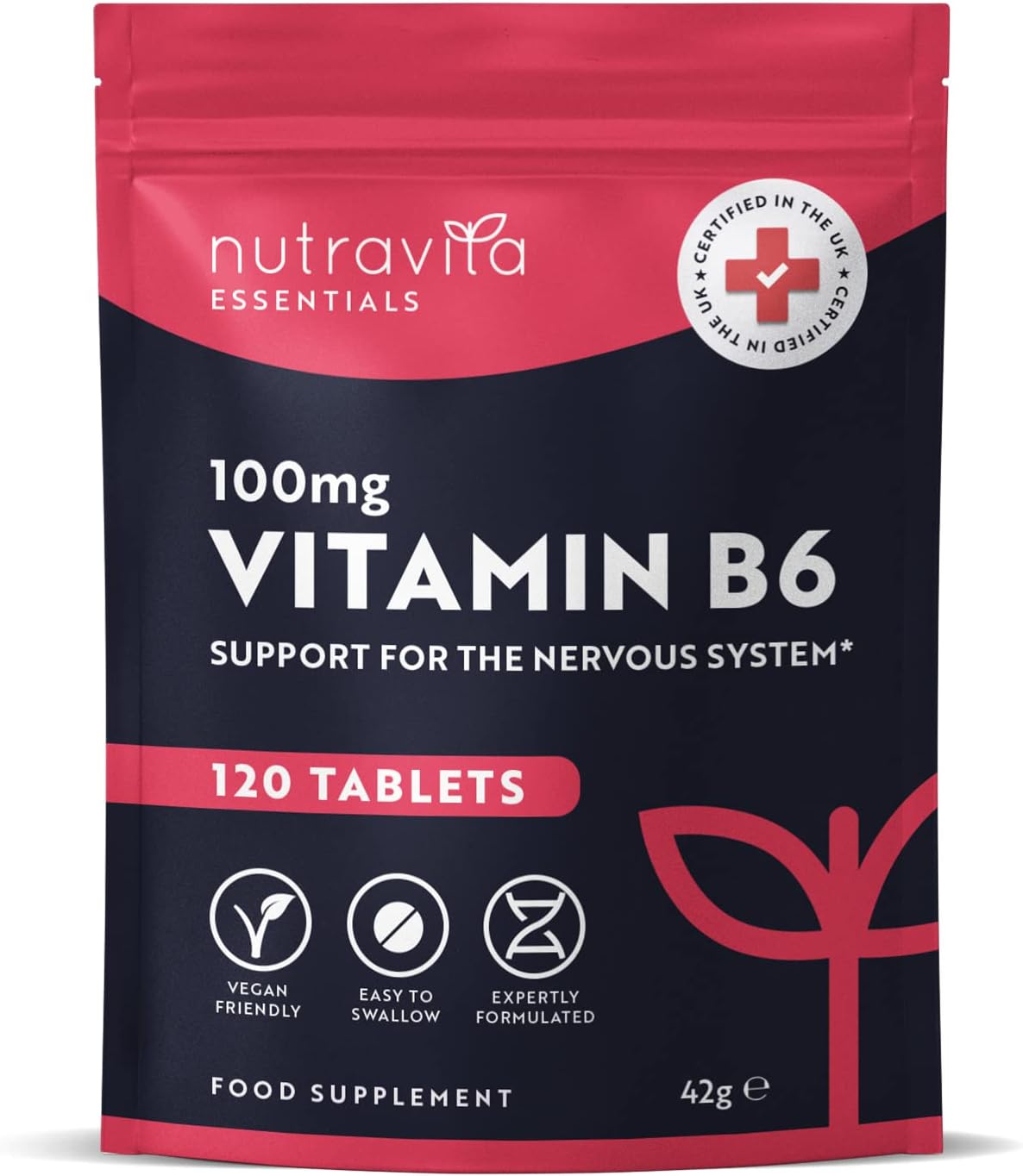 Vitamin B6 100mg - 120 Vitamin B6 High Strength Vegan Tablets – B6 Vitamins to Support Normal Function of The Immune and Nervous System - Contributes to Reduction of Tiredness and Fatigue - Nutravita