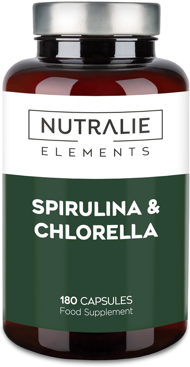Spirulina and Chlorella Capsules - 1800mg - Detox Energy Strength Satiating - Vegan Rich in Protein & Vitamins - Organic Superaliment - 180 Capsules 100% Vegan - Nutralie