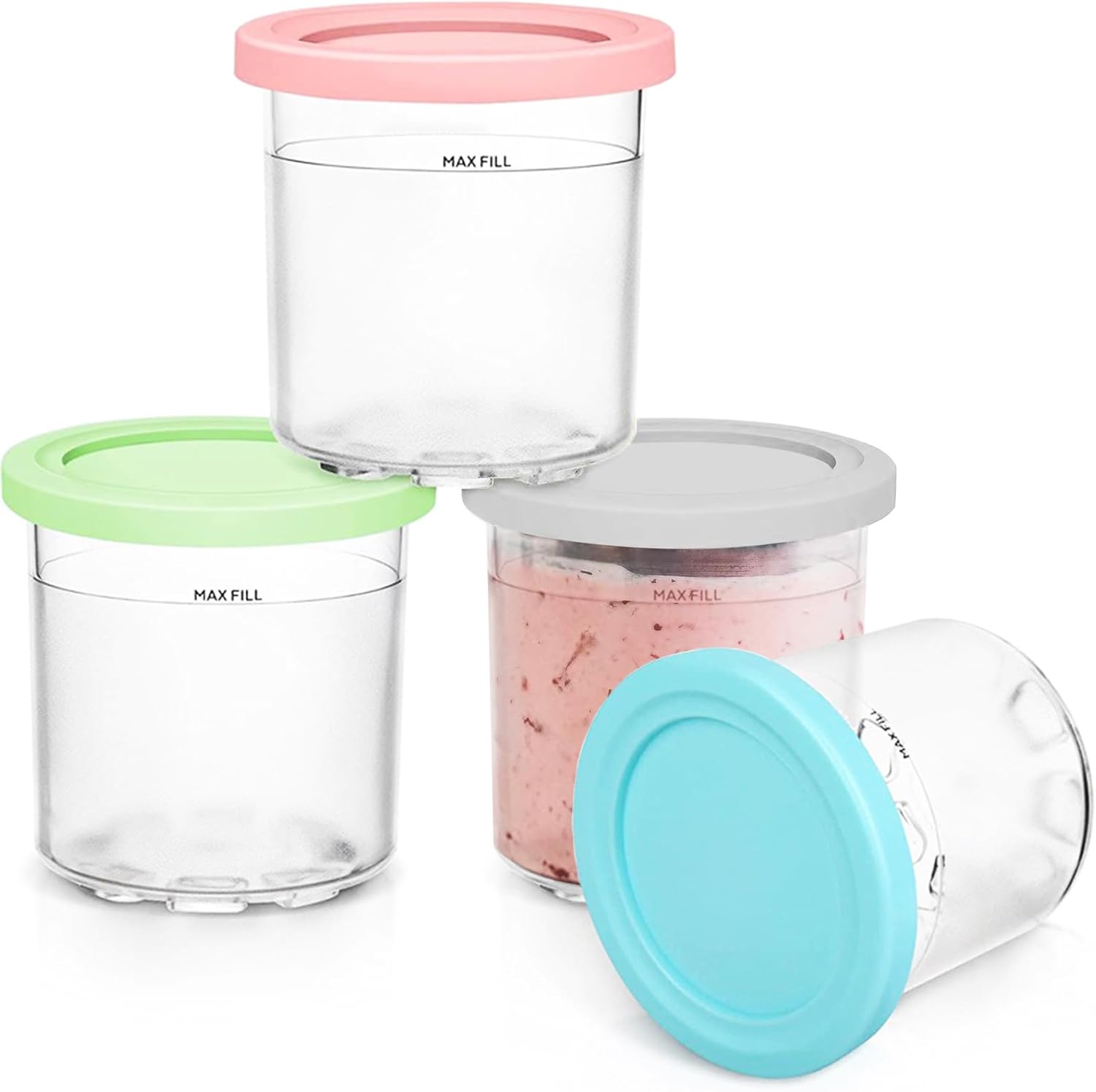 4 Pack Ice Cream Pints Cups, 16oz, Compatible with Ninja Creami Ice Cream Maker NC299AMZ & NC300 Series, BPA-Free & Dishwasher Safe, with Colorful Lids (Grey/Green/Pink/Aqua)