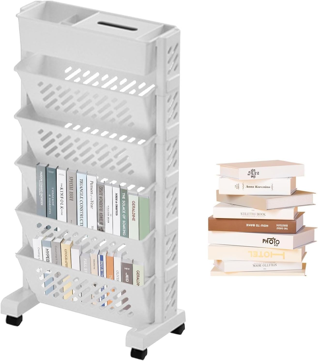Mobile Bookshelf with Wheels - Mobile Bookshelf Cart - 4/5 Tier Rotatable Rolling Utility Cart - Rolling Cart Storage for Offices Home