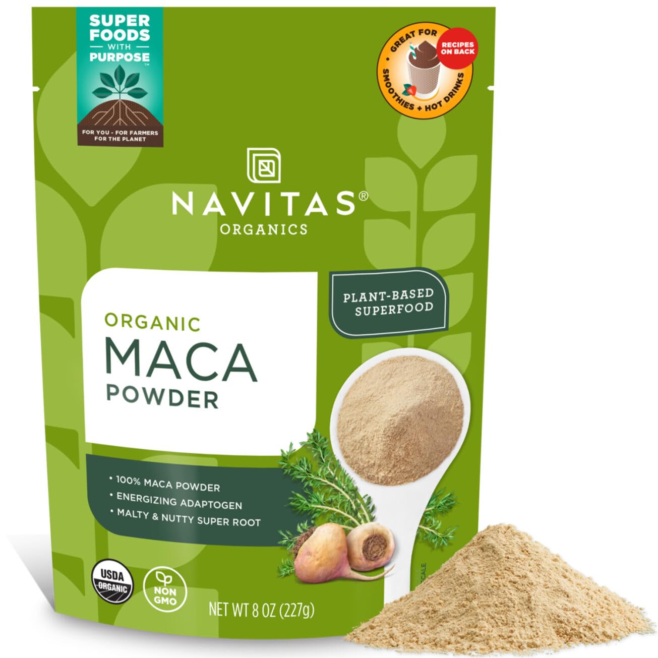 Navitas Organics Maca Powder – 100% Gelatinized Peruvian Maca for Adaptogen Smoothies, Lattes, Baking & More – Energize & Balance - USDA Organic, Non GMO, Vegan, Gluten Free (8oz. Bag, 45 Servings)