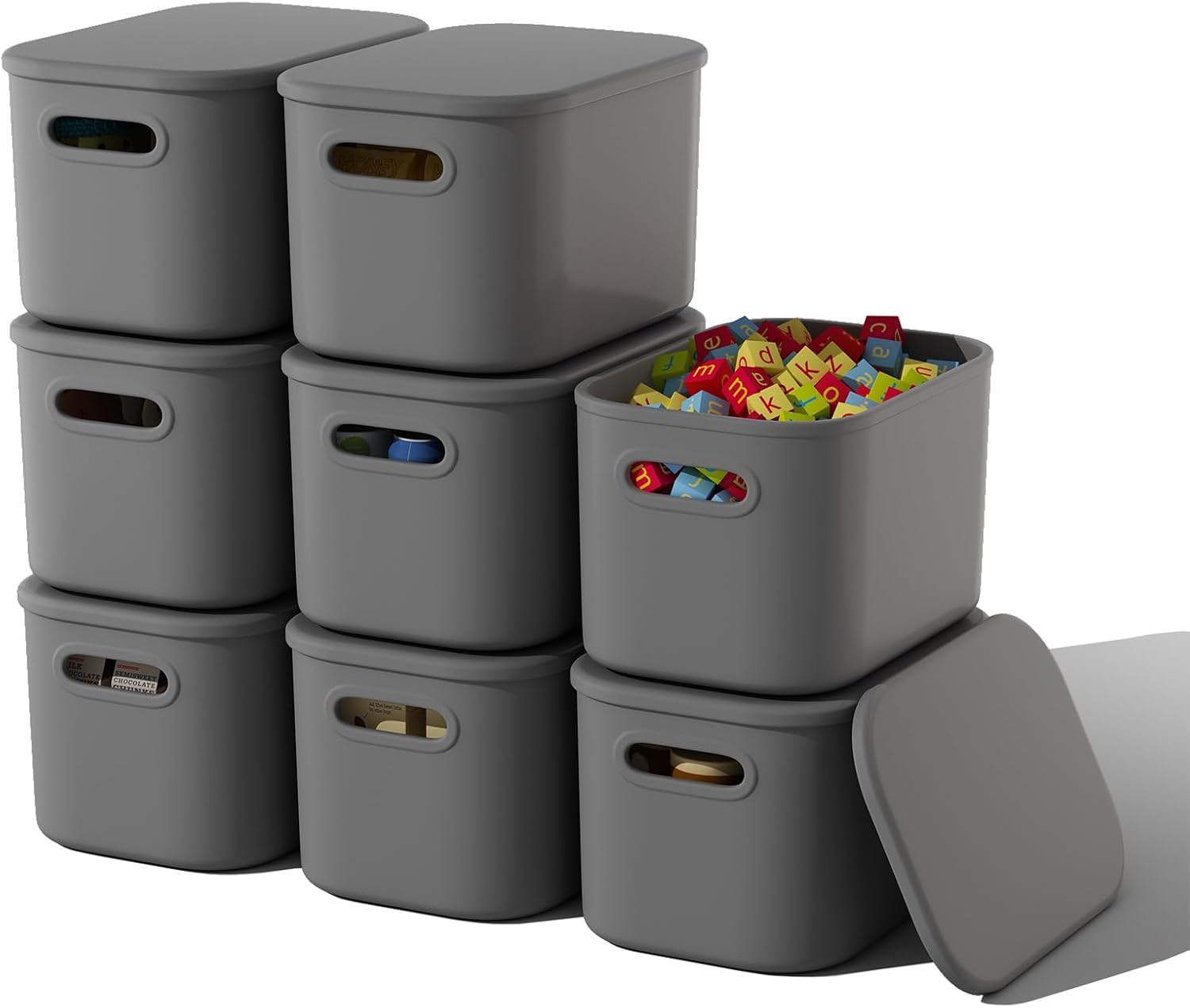 8 Pack Dark Grey Storage Bins with Lids Stackable Storage Container for Organizing, Storage Boxes with Handle for Shelves, Cute Organizer Bins for Craft, Snacks, 9.85x6.9x5.7 inch