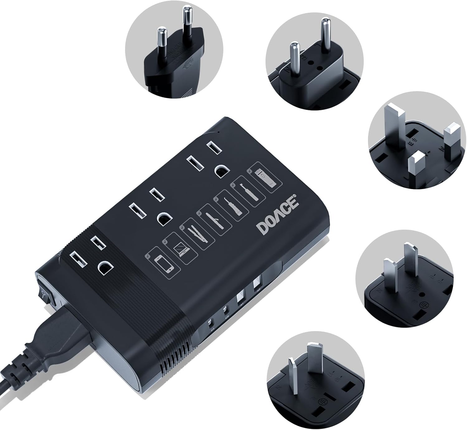 DOACE 350W Voltage Converter US to Europe - 220V to 110V Converter for European Travel with QC+PD Chargers for Using Most U.S. Devices Abroad - Hair Straightener Shaver Toothbrush Camera Phone