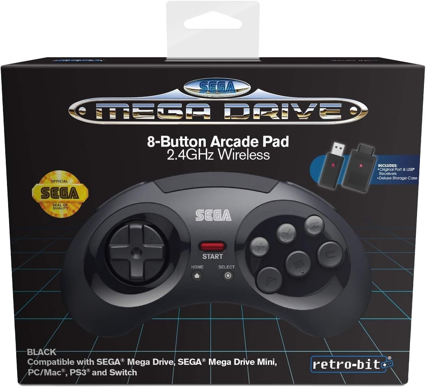 Retro-Bit Official SEGA Mega Drive 8-Button 2.4Ghz Wireless Arcade Pad for MEGA DRIVE MINI CONSOLE, Sega Mega Drive Console, PC, Switch, macOS, Playstation 3, Steam, RetroPie, Raspberry Pi (Black)