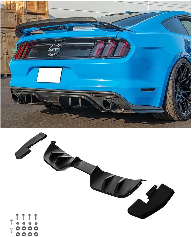 Replacement for 2015-2017 Ford Mustang Models with Premium Package | RTR Style ABS Plastic - Matte Black Rear Bumper Lower Diffuser with Side Apron Splitter Pair