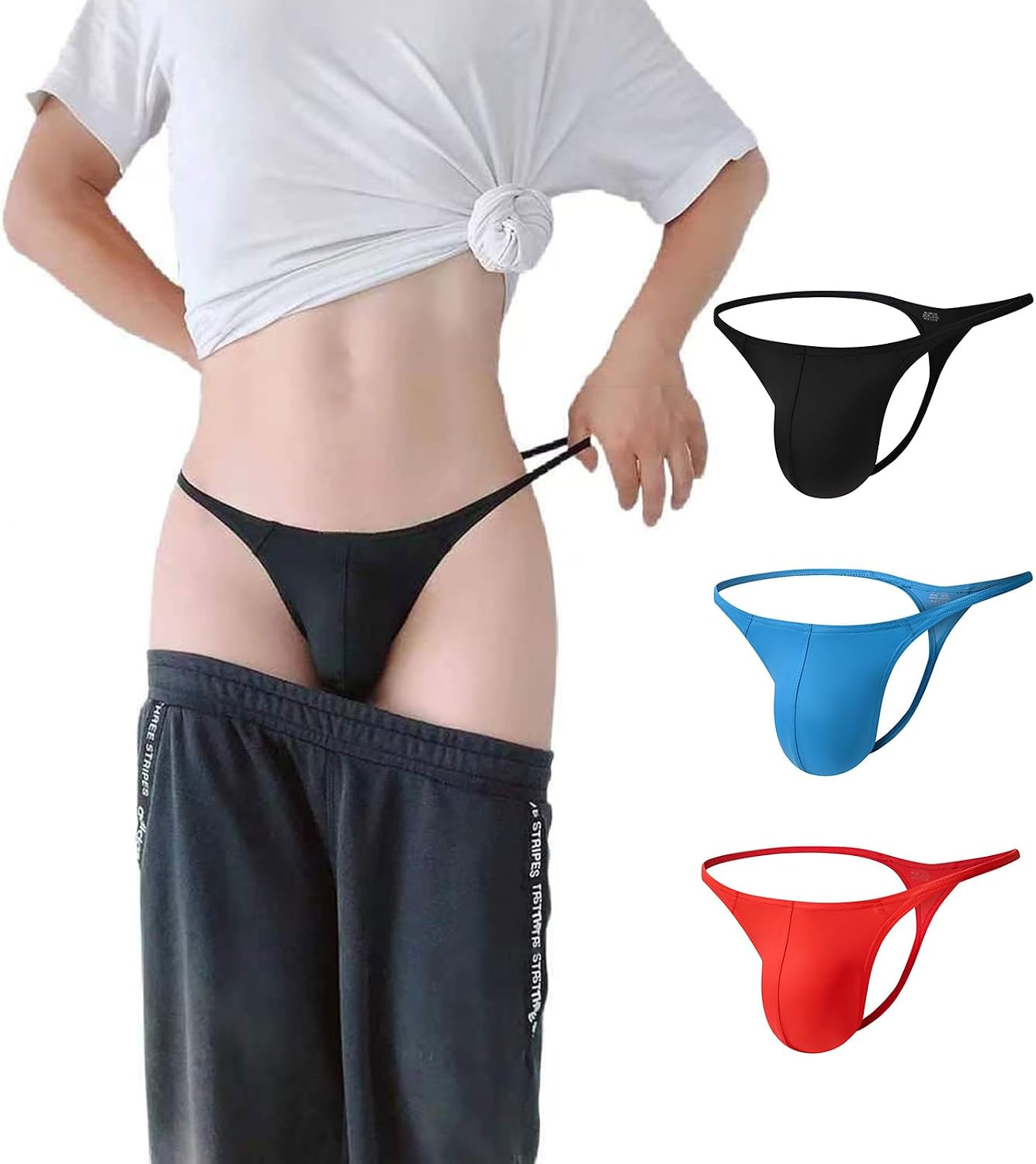 Men's Nylon Thongs - Seamless T-Back, Sexy Low Rise Briefs, G-String Bulge Pouch Underwear Black